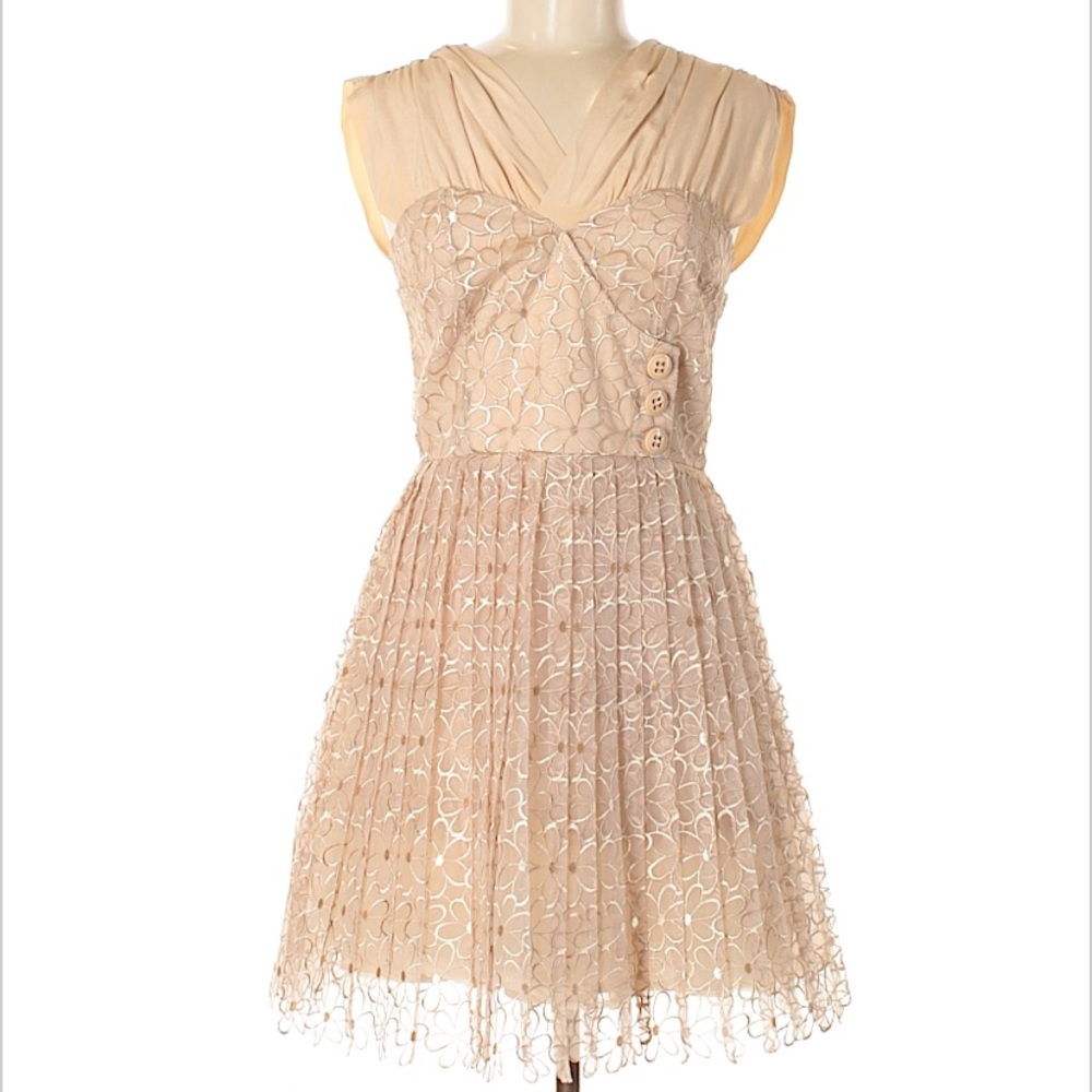 Frock By Tracy Reese Nude Pleated Vintage Inspired Silk Cotton Floral Dress 6
